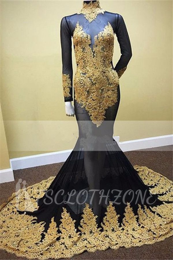 Black Mermaid Long Sleeves Prom Dresses 2022 Gold Applique High Neck Illusion Evening Gowns