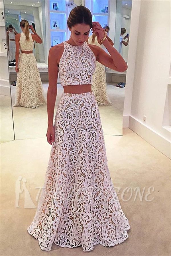 Simple Lace White Two Pieces Evening Gowns 2022 A-line Sleeveless Prom Dress
