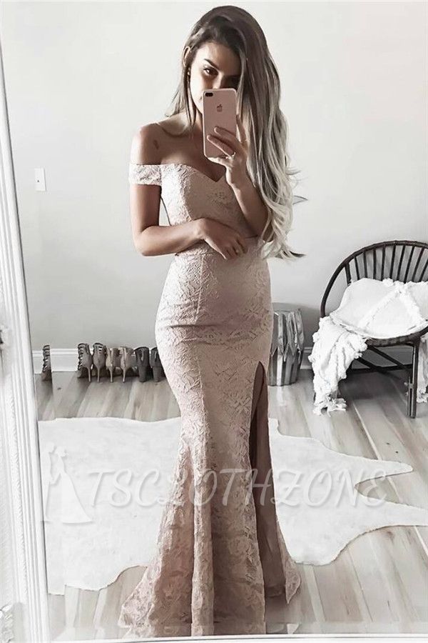 Sheath Off The Shoulder Lace Formal Evening Dress | Sexy Side Slit Evening Gowns