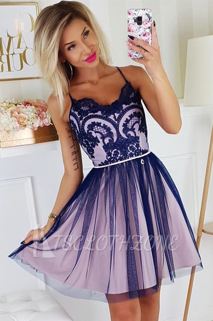 Chic Spaghetti Straps Lace Homecoming Dress | Sleeveless Short Grape Homecoming Dress
