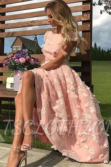 Schöne rosa Spitze runde Halskappe Ärmel Prom Kleider | Günstige knöchellange Partykleider