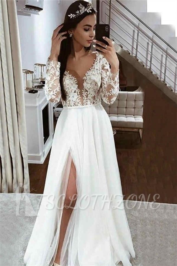 Chic Long sleeves Lace Modest High Split A-line Wedding Dresses