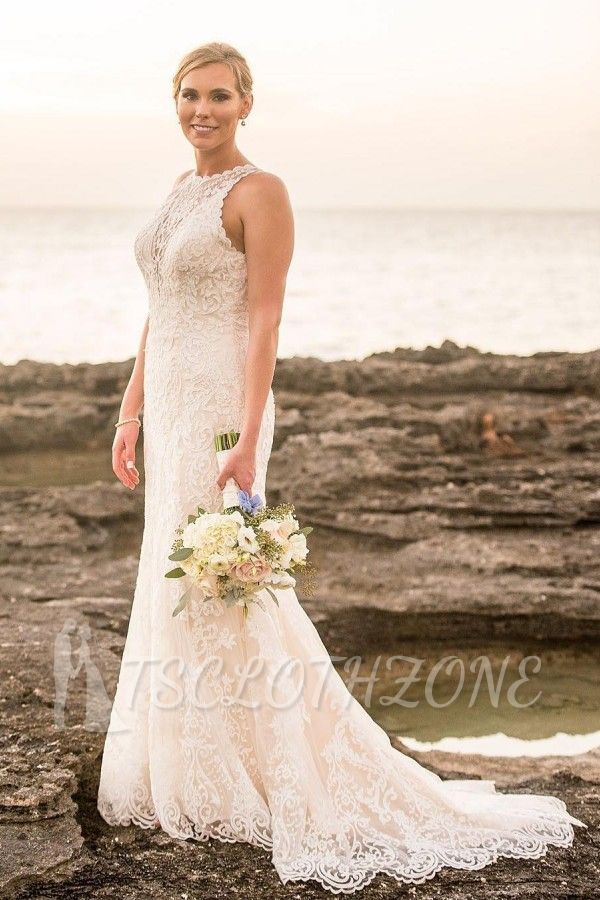 Elegant Lace Sleeveless Sheath Wedding Dresses | Pleated Floor Length Bridal Gowns