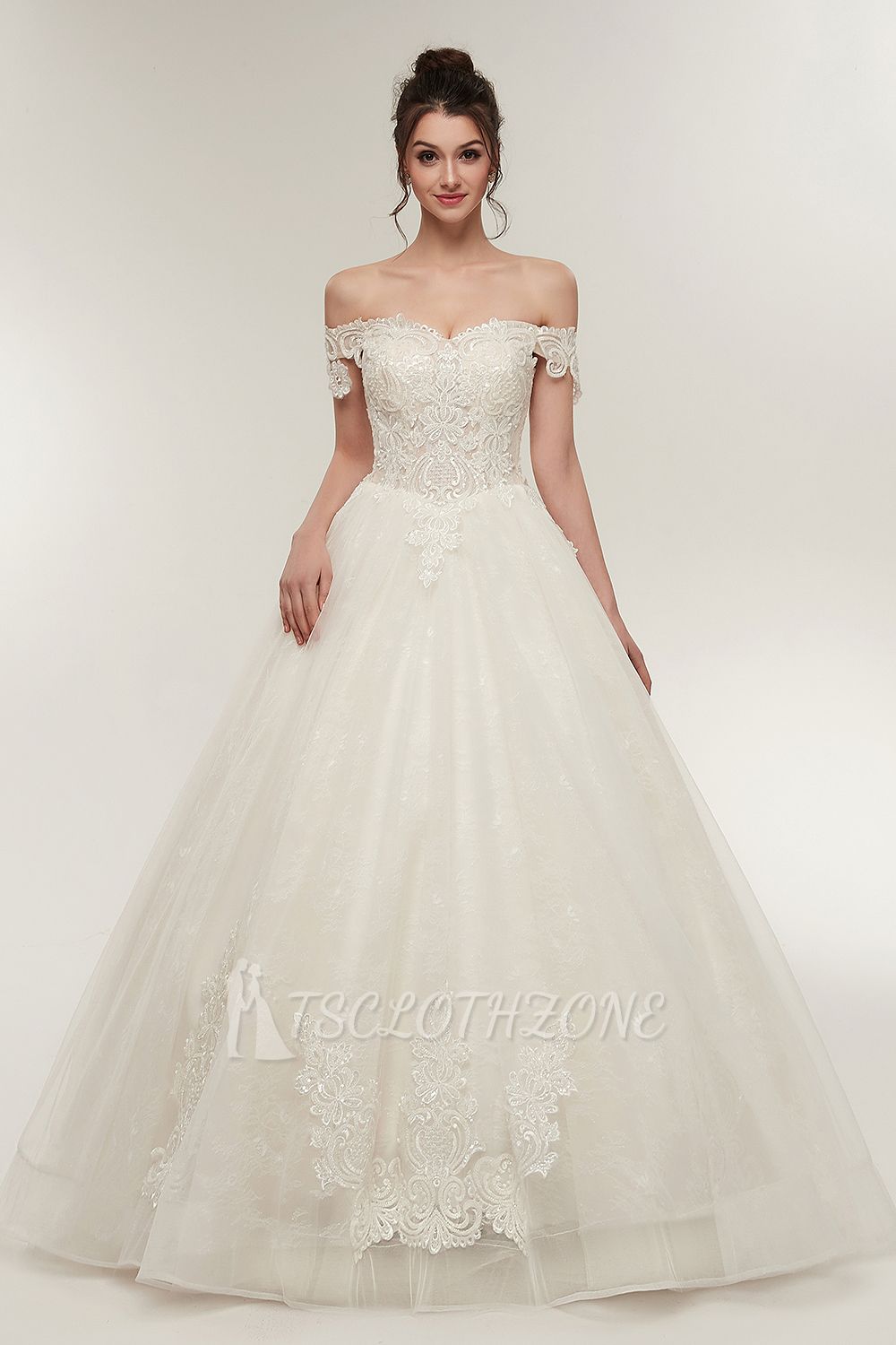 ZOLA | A-line Off-shoulder Sweetheart Floor Length Lace Appliques Wedding Dresses with Lace-up