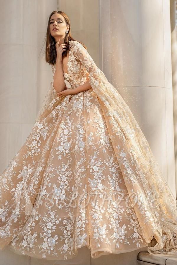 Gorgeous Long Puffy Sleeves Floral A-line Garden Wedding Gown