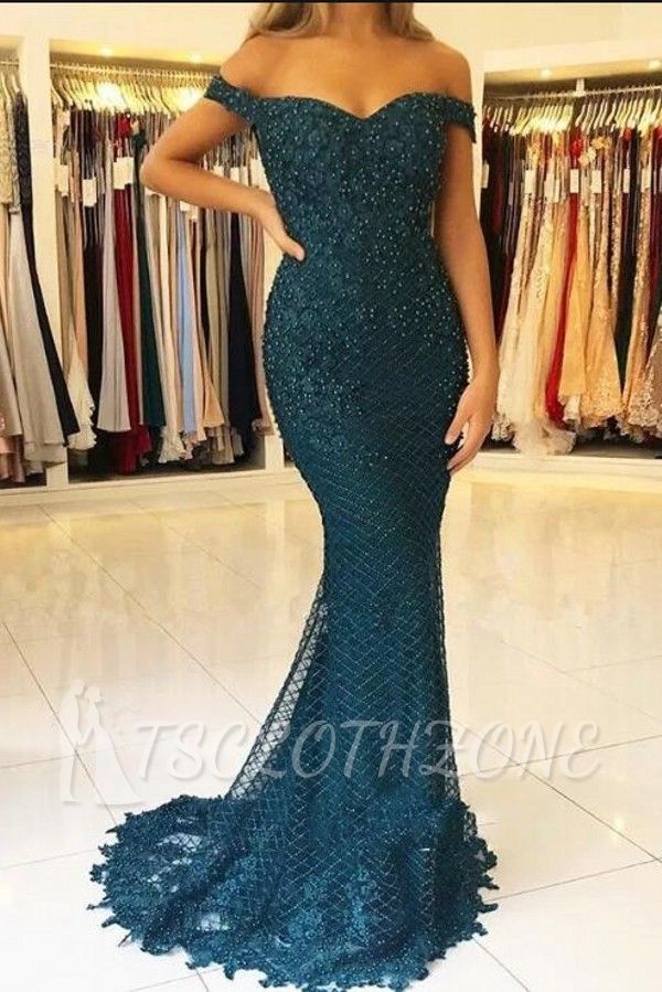 Charming Off Shoulder Mermaid Evening  Gown with Floral Lace Appliques