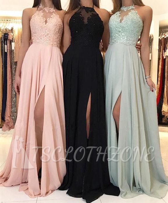 Elegant Lace A-Line Sleeveless Evening Dresses | 2022 Side Slit Chiffon Long Evening Gowns