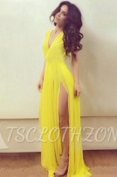 Sexy Chiffon lange V-Ausschnitt gelbe Abendkleider bodenlangen Seitenschlitz benutzerdefinierte beliebte Strand Sommerkleider für Frauen