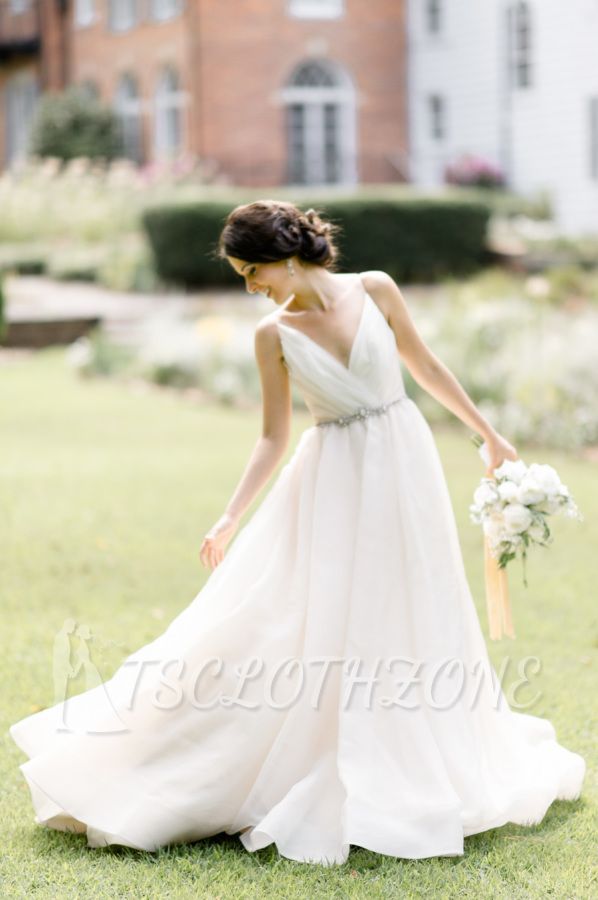 Latest V-Neck Chiffon Long Wedding Dress A-Line Elegant Spaghetti Strap 2022 Bridal Gowns