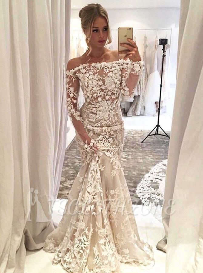 Off the shoulder long sleeves lace wedding dress