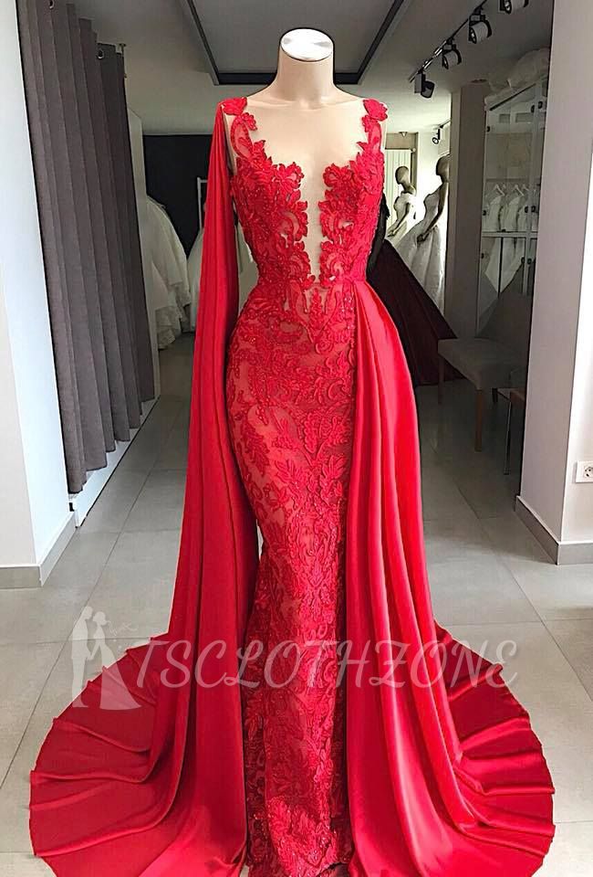 Lace Long Evening Dresses | Sleeveless Red Prom Dresses with Cape