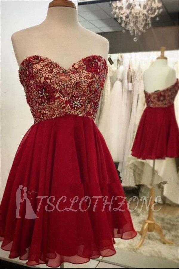 2022 Sweetheart Lace Chiffon Beaded Homecoming Dress Cheap Burgundy Cocktail Dresses