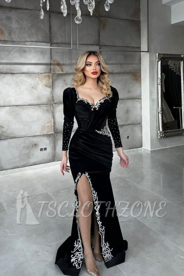 Black Long Sleeve Velvet Prom Dress | Side Slit Evening Dress