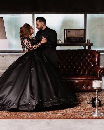 Black Long Sleeve Wedding Satin Lace Ball Gown_2