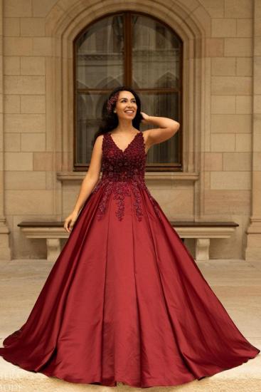 Stylish Red V-Neck A-line Satin Evening Dress 3D Beadings Lace Appliques_1
