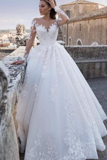 Long SLeeves A-line Wedding Dress Floral Lace Appliques Bridal Dress_1