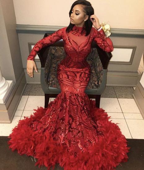Red Mermaid Sequins Long Sleeves High Neck Prom Dresses_4