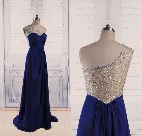 Royal Blue Chiffon 2022 Long Evening Dresses Shiny Crystal Sheer Back Popular Prom Dresses_3