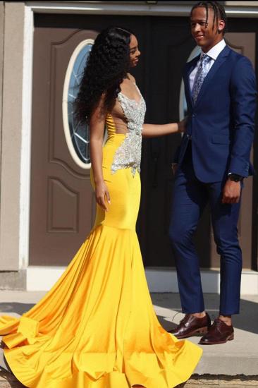 Yellow Sleeveless Mermaid Evening Prom Dresses Lace Appliques_2