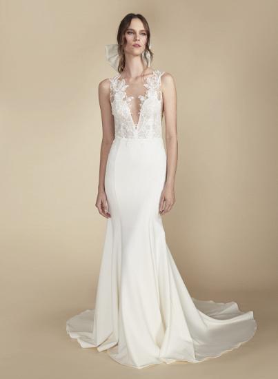 V-neck lace silk satin A-line long-sleeved floor-length dress with applique wedding dress_1