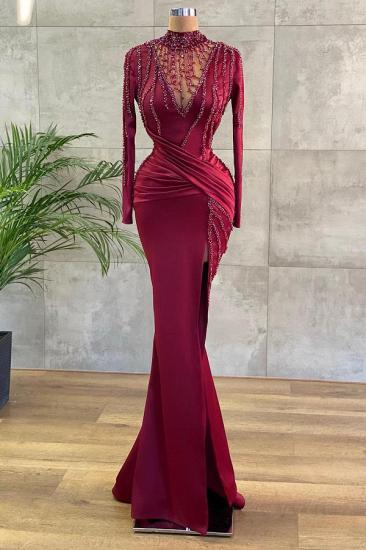High Neck Long Sleeves Mermaid Evenign Dress with Side Slit