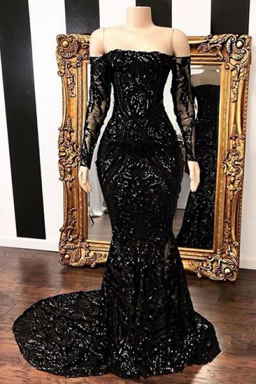 Sparkle Off The Shoulder Black Prom Dresses | Long Sleeve Mermaid Formal Evening Gowns