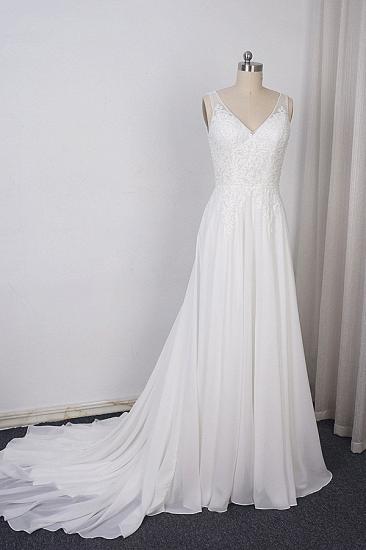 TsClothzone Elegant Straps V-neck Chiffon White Wedding Dress Sleeveless Lace Appliques Ruffle Bridal Gowns On Sale_2