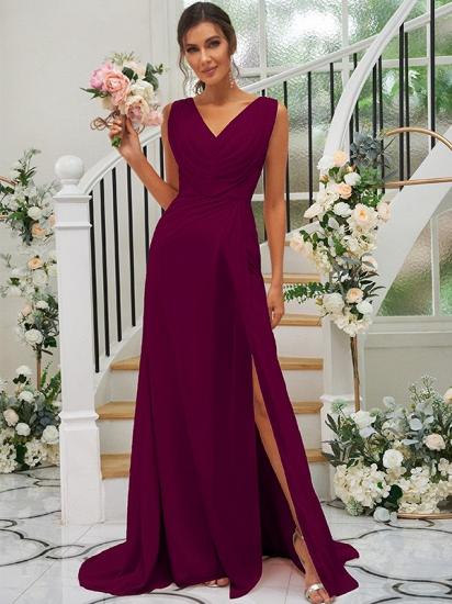 Long V-Neck Evening Dress | Pleated Split Chiffon Prom Dress Simple_29