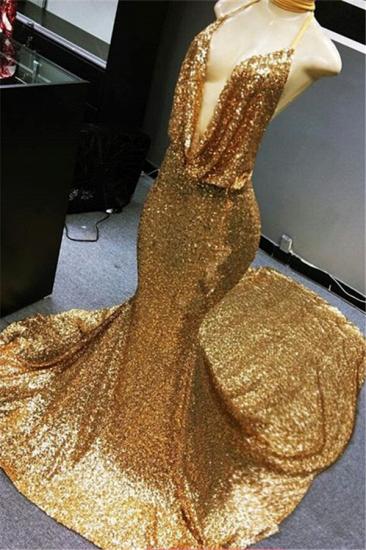 Sexy Deep V-neck Gold Sequins Evening Dress 2022 | Mermaid Backless Cheap Prom Dress on Mannequins