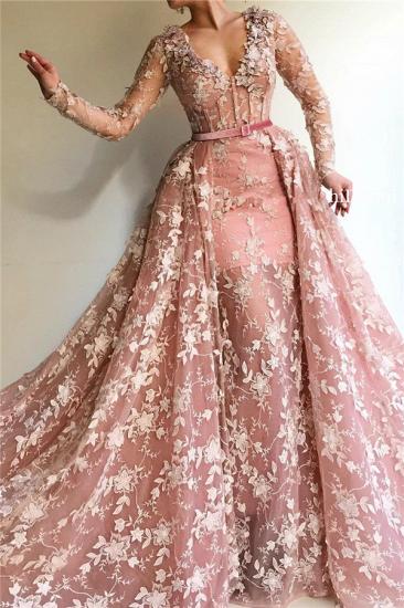 Sexy See Through Tulle Pink Long Sleeves Prom Dress | Charming Mermaid V Neck Appliques Long Prom Dress