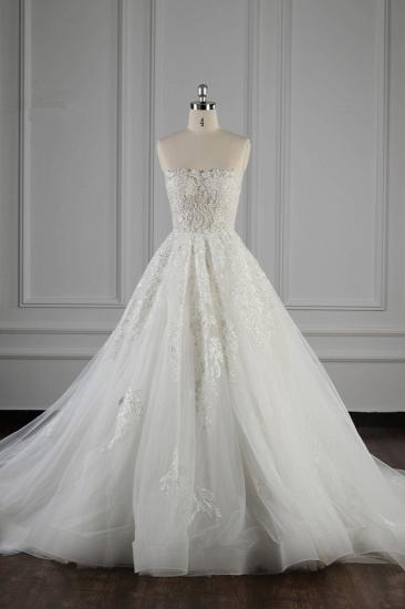 TsClothzone Elegant Strapless White Lace Wedding Dress Sleeveless Appliques Ruffle Bridal Gowns Online