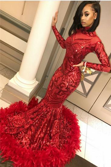 Red Mermaid Sequins Long Sleeves High Neck Prom Dresses_1