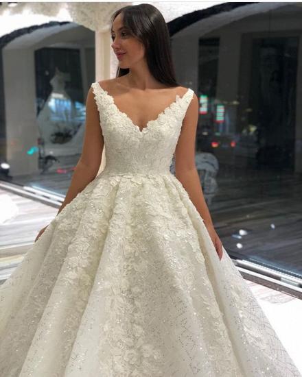 Gorgeous V-Neck Ball Gown Sleeveless Aline Bridal Gown with Sweep Train_3