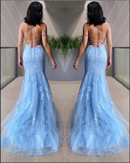 Spaghetti Straps Sky Blue Lace Tull Mermaid Party Gown Prom Wear Dress_3