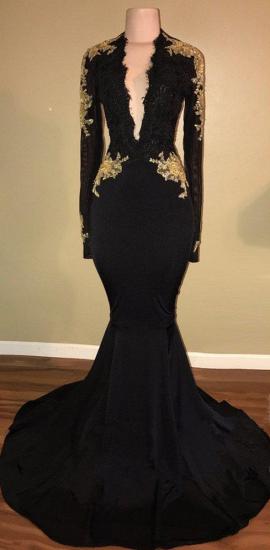 Gold Lace Long Sleeve Prom Dress 2022 | Sexy Black Open Back Mermaid Evening Dress Cheap_3