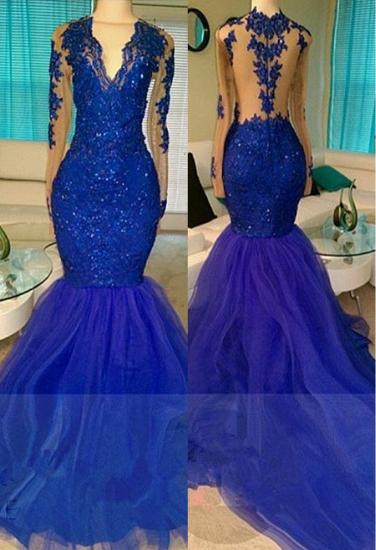 Royal-Blue Long-Sleeve Beading Sequins V-neck Appliques Mermaid Tulle Prom Dresses_1