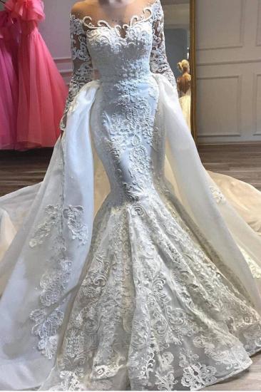Charming Crew Neck Lace Appliques Mermaid Wedding Bridal Gowns with Detachable Train_1