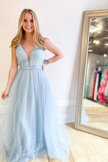 Stunning Sequin Spaghetti Strap V-Neck Prom Dresses｜A-Line Tulle Floor Length Evening Dress