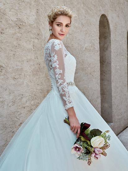 Beautiful Ball Gown Wedding Dress Bateau Lace Tulle Long Sleeves Bridal Gowns with Chapel Train_17