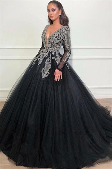 Black Ball Gown Deep V-Neck Long Sleeves Appliques Overskirt Evening Dresses_1