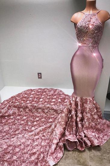 Gorgeous Pink Flowers Mermaid Halter Sleeveless Evening Gown