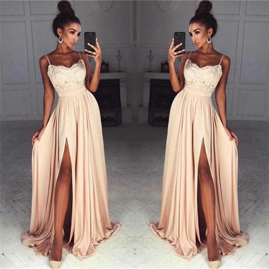 Straps Front Slit Sexy Prom Dress Lace Cheap Champagne Long Evening Dress 2022_3