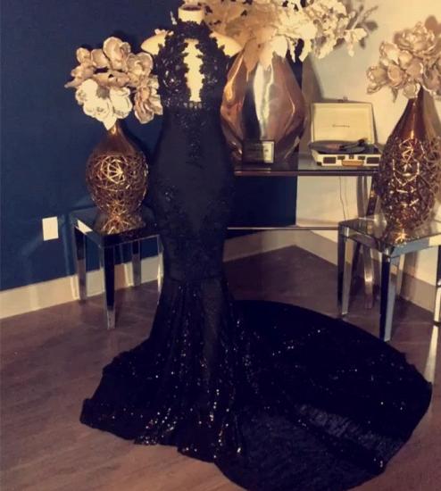 Mermaid Black Appliques High-Neck Sleeveless Long Prom Dresses_2