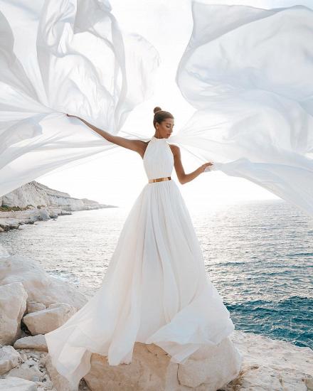 Halfter Weiß Chiffon Strand Brautkleid Langes einfaches Brautkleid mit Split_2