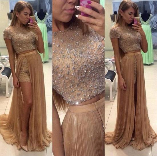 Latest Short Sleeve Beading Evening Gown Two Piece Crystal Prom Dress with Detachable Train_3