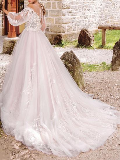 Formal A-Line Wedding Dress Jewel Lace Tulle Long Sleeve Sexy See-Through Bridal Gowns_2