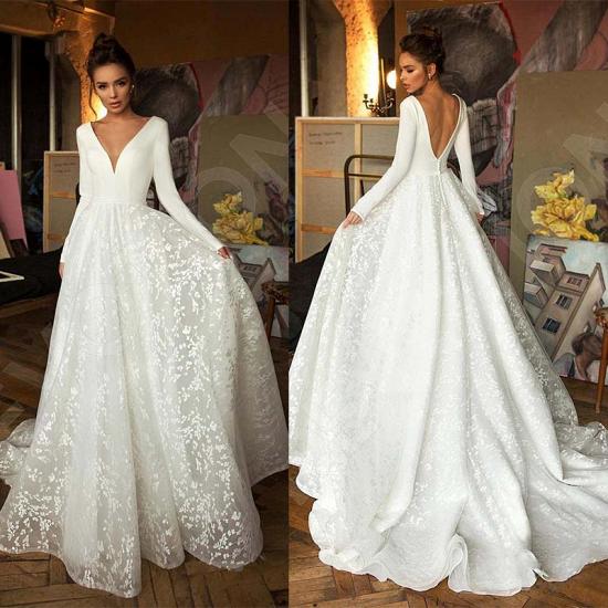 Elegant Lace Bridal A-line V-Neck Long Sleeves Wedding Dresses_7
