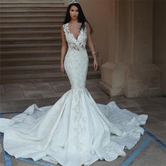 Elegant V-Neck Sleeveless Wedding Dresses | Mermaid Lace Bridal Gowns with Buttons_4