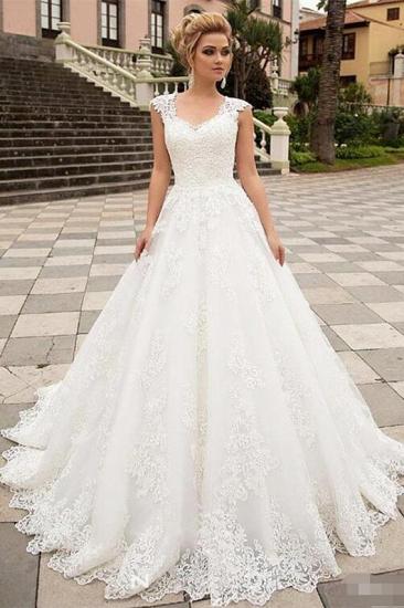 Boho A-Line Tulle Wedding Dress Sleeveless Lace Appliques Bridal Gowns with Sweep Train_1