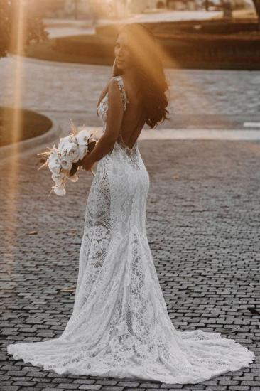 Backless Lace Deep V-Neck Beaded Floor Length Wedding Dress